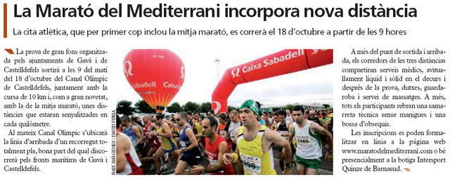 Noticia publicada en el diario municipal de Gav� (El Bruguers) el 18 de septiembre de 2009 sobre la celebraci�n de la quinta edici�n de la Marat� del Mediterrani el 18 de octubre de 2009
